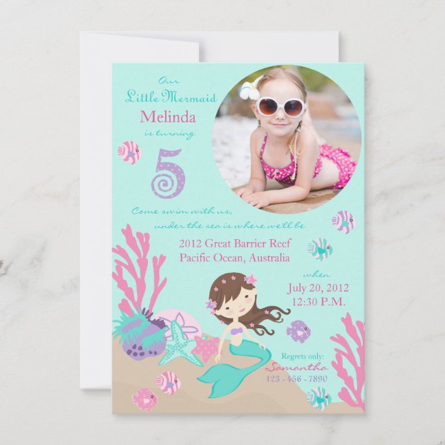 Invitación de quinto cumpleaños a la sirena de Bru (Anverso)