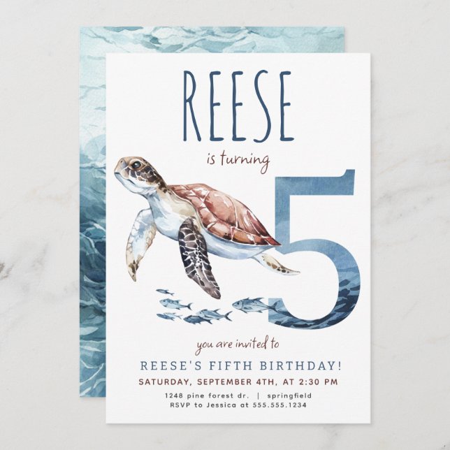 Invitación de quinto cumpleaños a Sea Turtle (Anverso / Reverso)