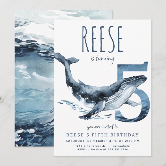 Invitación de quinto cumpleaños de ballena (Anverso / Reverso)