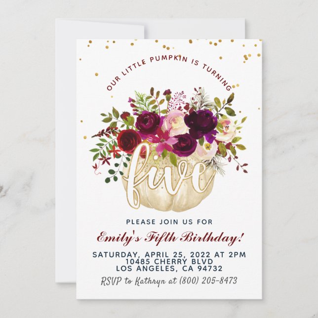 Invitación de quinto cumpleaños de calabaza (Anverso)