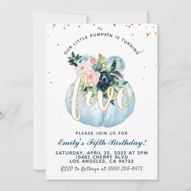 Invitación de quinto cumpleaños de calabaza (Anverso)