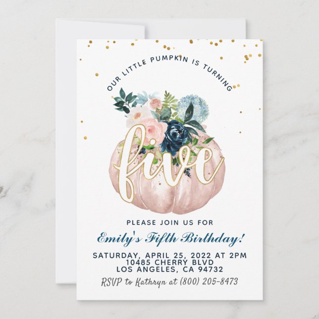 Invitación de quinto cumpleaños de calabaza (Anverso)