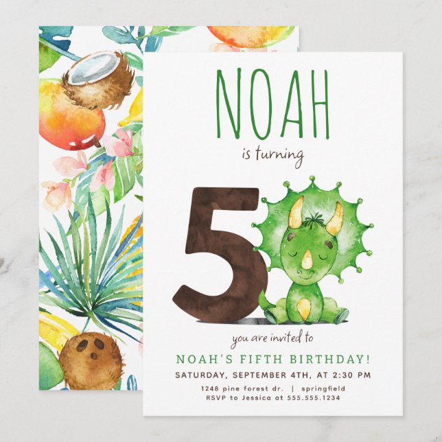 Invitación de quinto cumpleaños de Dinosaurio Verd (Anverso / Reverso)