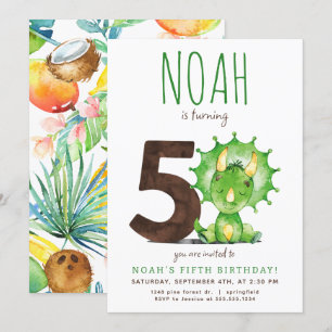 Invitación de quinto cumpleaños de Dinosaurio Verd