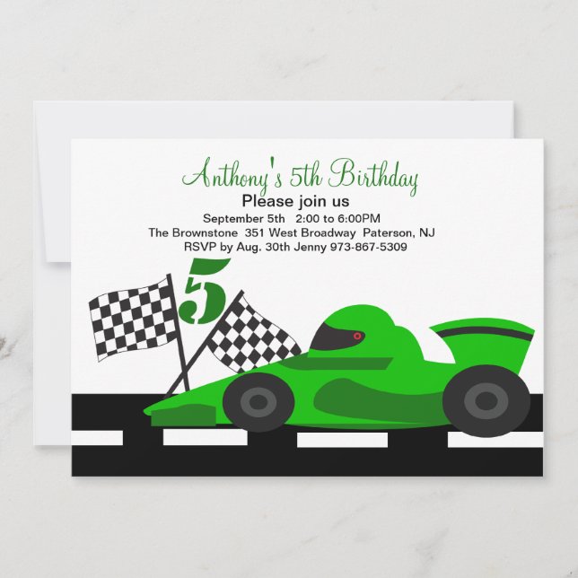 Invitación de quinto cumpleaños de Green Race Car  (Anverso)