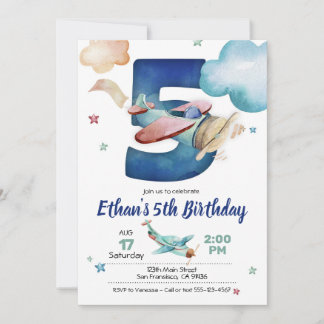 Invitación de quinto cumpleaños del avión - Tema d