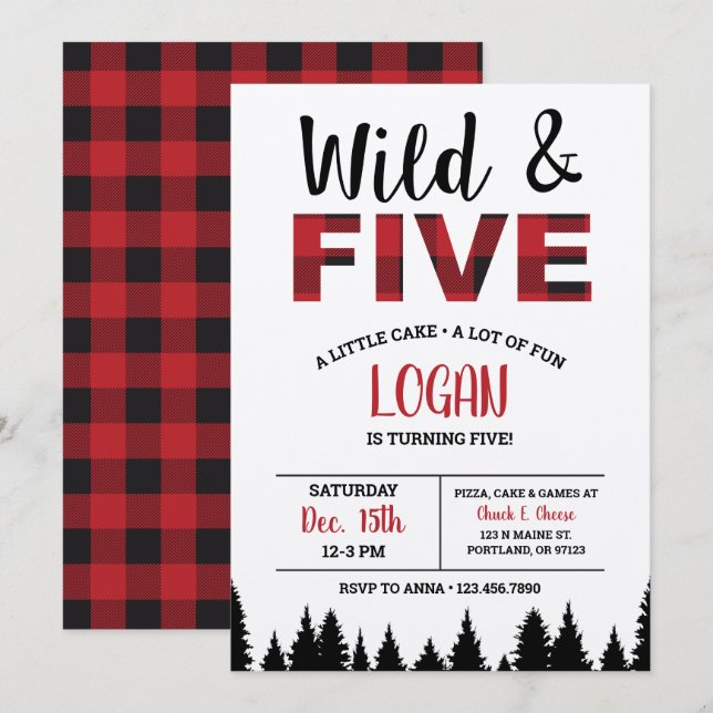 Invitación de quinto cumpleaños silvestre y cinco (Anverso / Reverso)