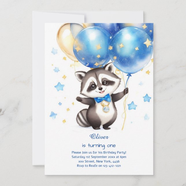 Invitación de Raccoon para el primer cumpleaños (Anverso)
