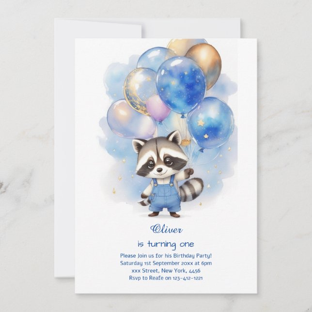 Invitación de Raccoon para el primer cumpleaños (Anverso)