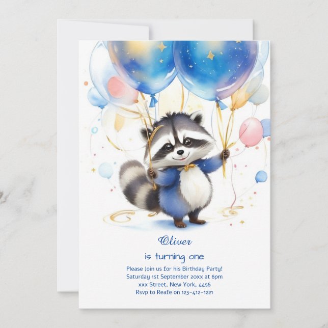 Invitación de Raccoon para el primer cumpleaños (Anverso)