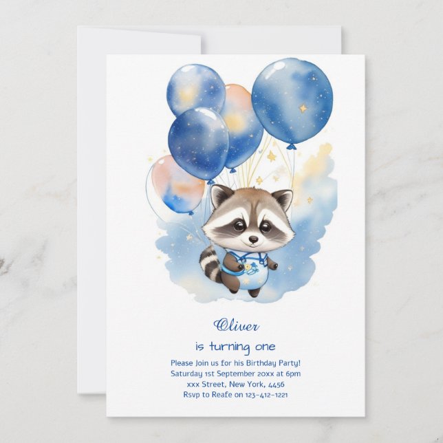 Invitación de Raccoon para el primer cumpleaños (Anverso)