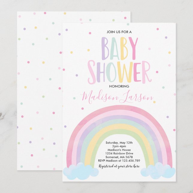 Invitación de Rainbow Baby Shower Pastel Rainbow B (Anverso / Reverso)