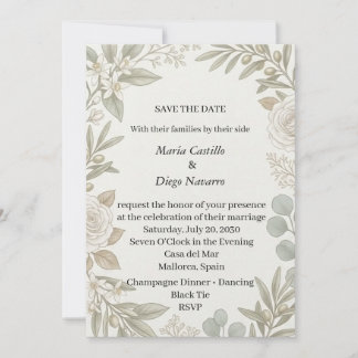 Invitación de Rama de Olivo Elegante Rosa Blanca p
