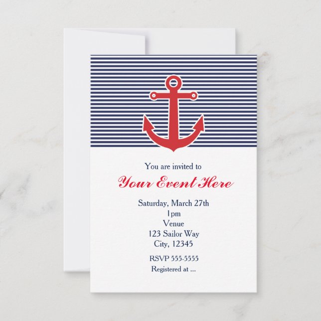 Invitación de raya azul y blanca náutica del ancla (Anverso)