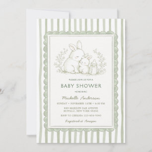 Invitación de raya de ducha de bebé de conejo verd