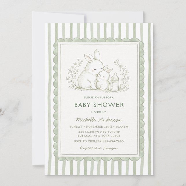 Invitación de raya de ducha de bebé de conejo verd (Anverso)