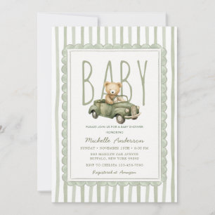 Invitación de raya de ducha de bebé de oso verde s