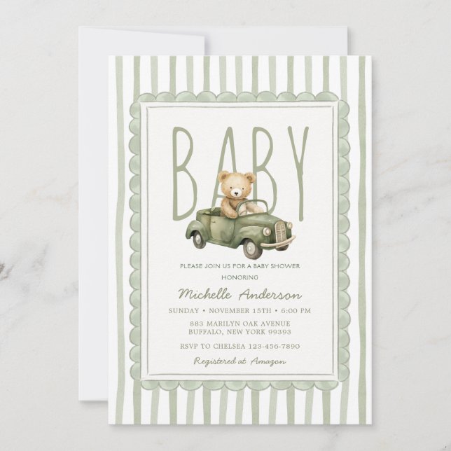 Invitación de raya de ducha de bebé de oso verde s (Anverso)