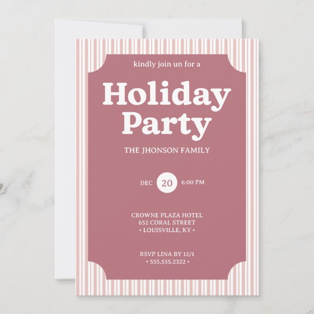 Invitación de rayas de fiesta de Navidad en rojo r (Anverso)
