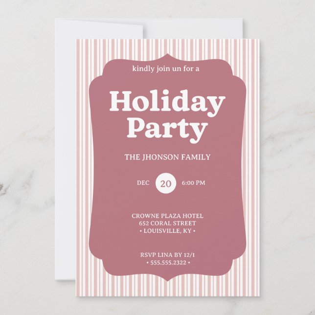 Invitación de rayas de fiesta de Navidad en rojo r (Anverso)