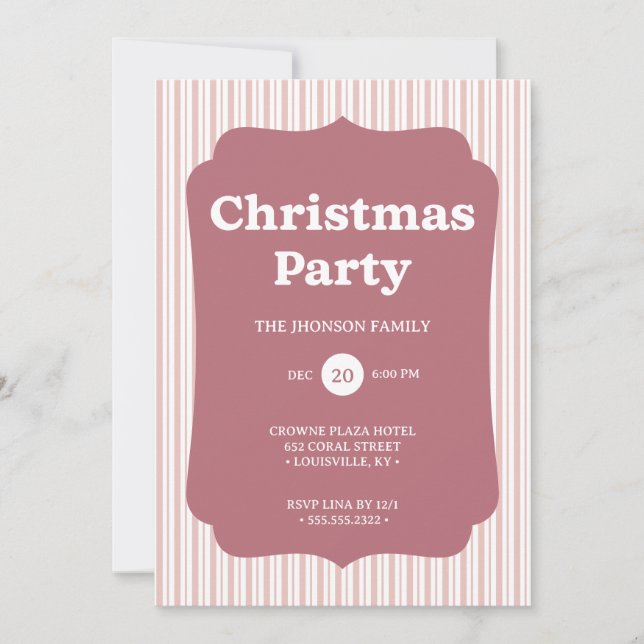 Invitación de rayas de fiesta de Navidad en rojo r (Anverso)