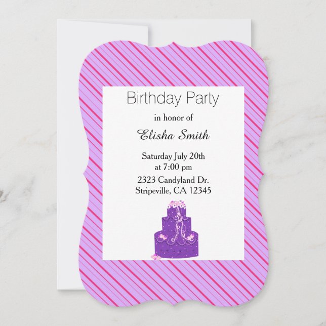 Invitación de rayas moradas y pastel de cumpleaños (Anverso)