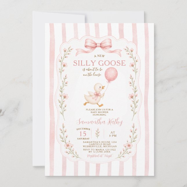 Invitación de rayas para baby shower Silly Goose (Anverso)
