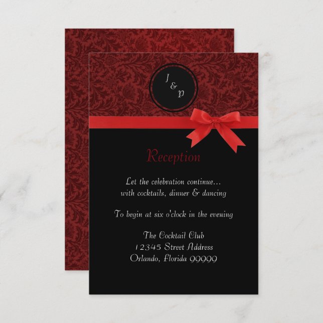 Invitación de recepción - Damasco Rojo y Lazo Rojo (Anverso / Reverso)