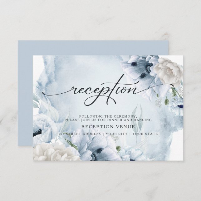 Invitación de Recepción de Acuarela Floral Azul Rú (Anverso / Reverso)