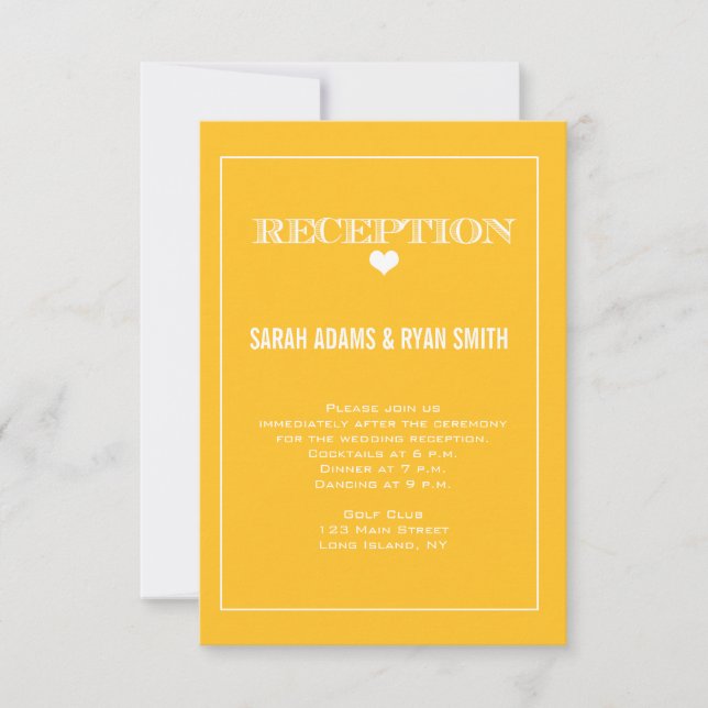 Invitación de recepción de boda amarilla de corazó (Anverso)
