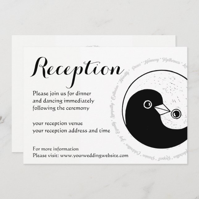 INVITACIÓN DE RECEPCIÓN DE BODA. b/w YinYang palom (Anverso / Reverso)