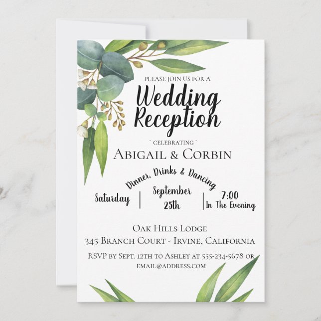 Invitación de recepción de boda con follaje de euc (Anverso)