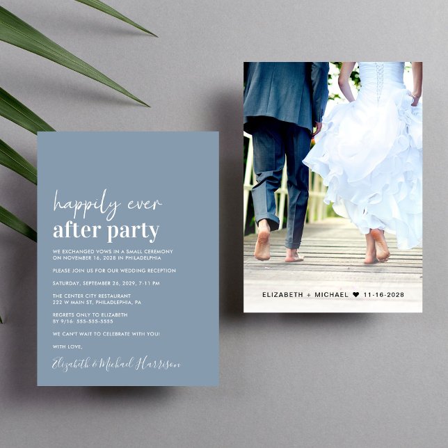 Invitación de recepción de boda con foto azul polv (An chic Happily Ever After Party invitation for your wedding celebration)