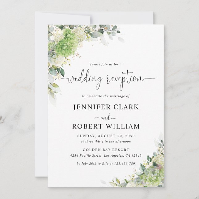 Invitación de recepción de boda con hortensias bot (Anverso)