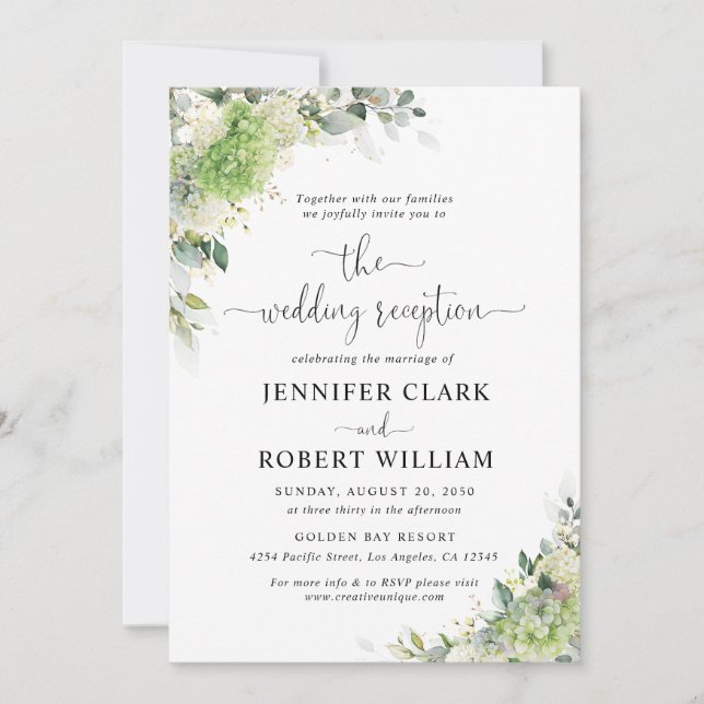 Invitación de recepción de boda con hortensias bot (Anverso)