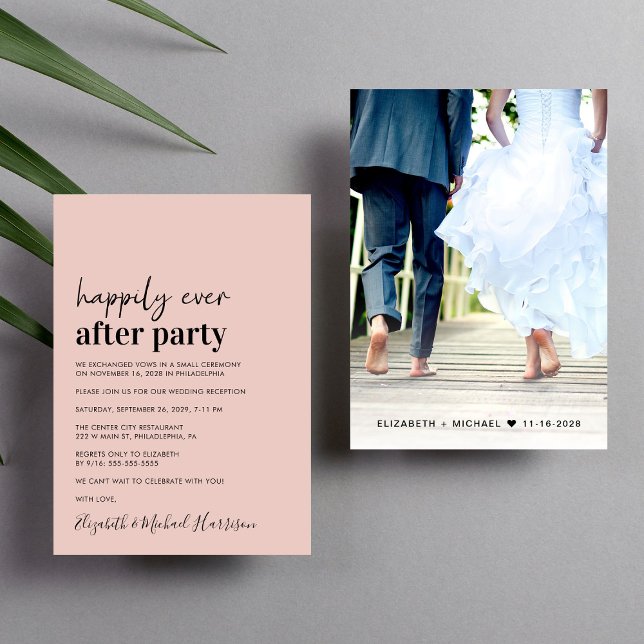 Invitación de recepción de boda con rubor de foto  (An chic Happily Ever After Party invitation for your wedding celebration)