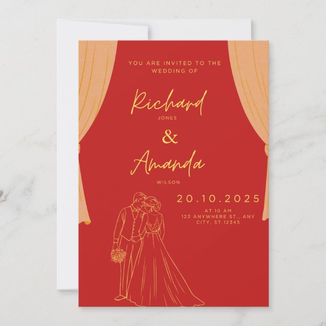 Invitación de recepción de boda elegante roja y do (Anverso)