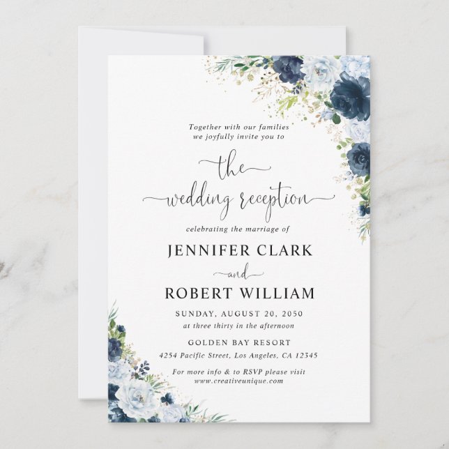 Invitación de recepción de boda floral azul marino (Anverso)