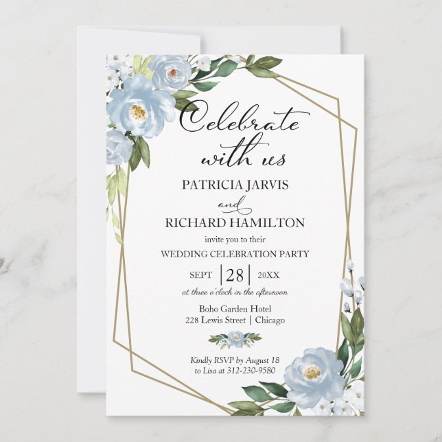 Invitación de recepción de boda floral azul polvor (Anverso)