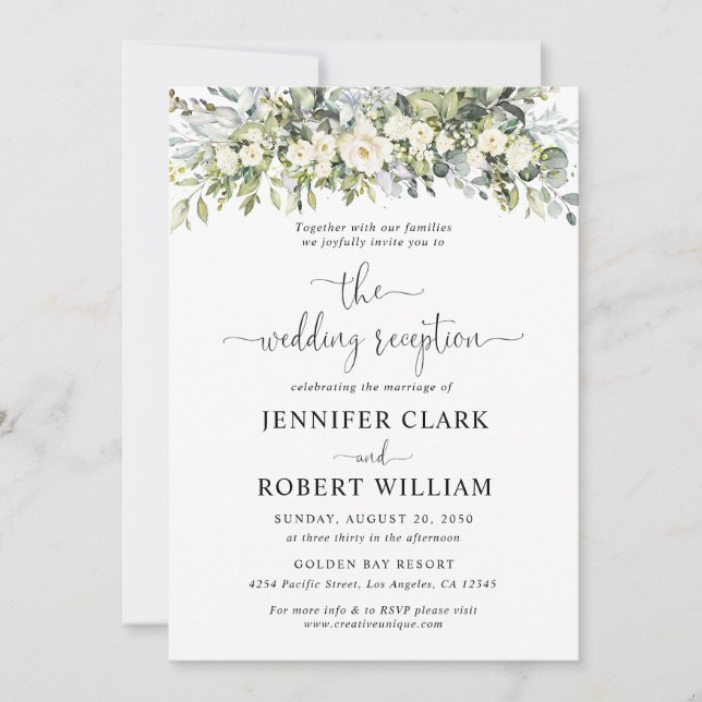 Invitación de recepción de boda floral blanca (Anverso)