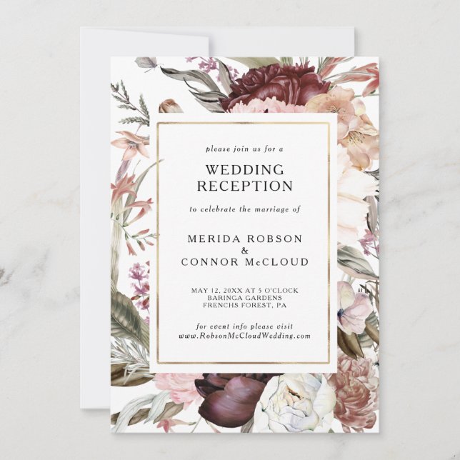 Invitación de recepción de boda floral boho borgoñ (Anverso)