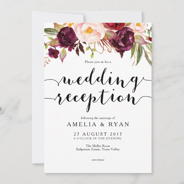Invitación de recepción de boda floral Borgoña (Anverso)
