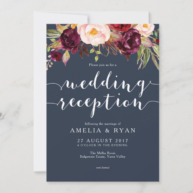 Invitación de recepción de boda floral borgoña mar (Anverso)