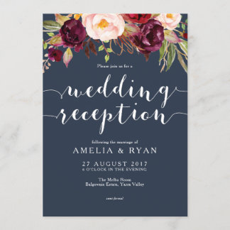 Invitación de recepción de boda floral borgoña mar