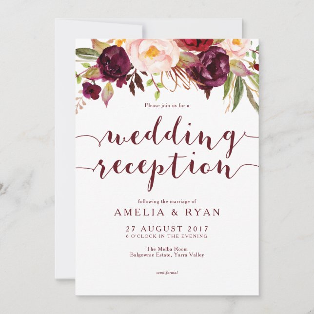 Invitación de recepción de boda floral de Borgoña (Anverso)