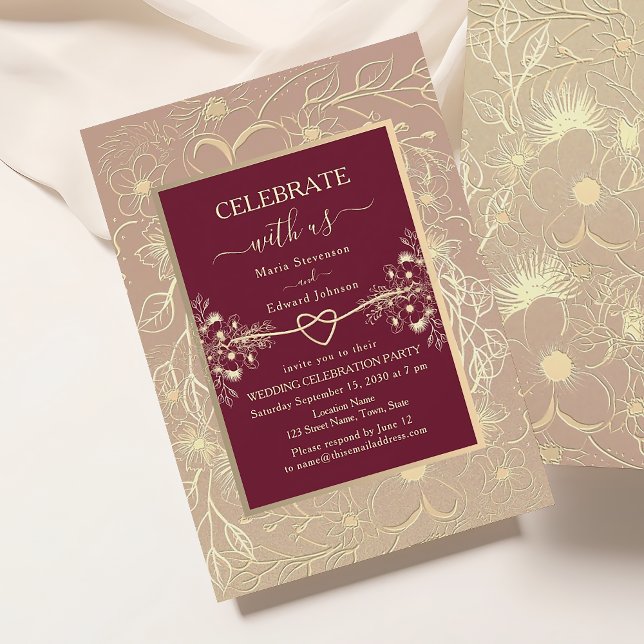 Invitación de recepción de boda floral granate dor (Subido por el creador)