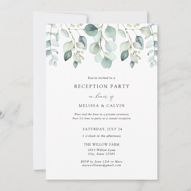 Invitación de recepción de boda informal con eucal (Anverso)