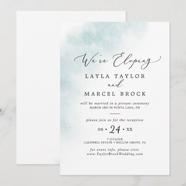 Invitación de recepción de elopamiento azul con té (Anverso / Reverso)