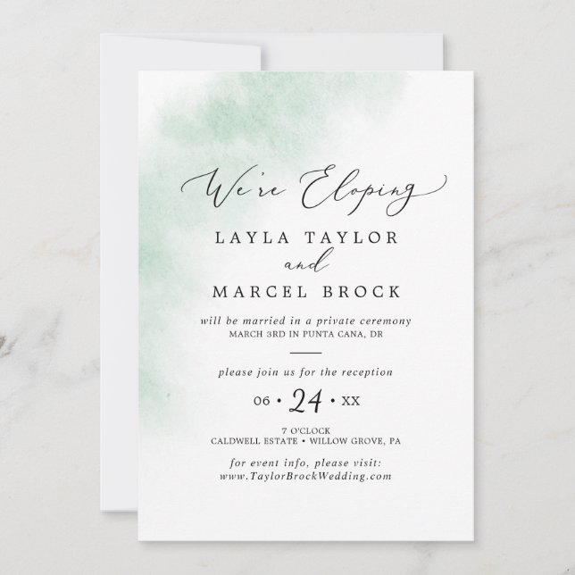 Invitación de recepción de elopamiento verde con t (Anverso)