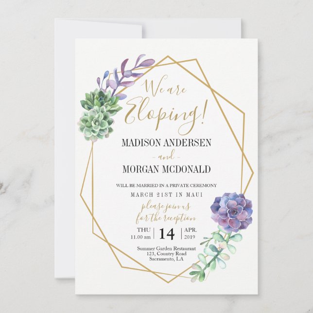 Invitación de recepción de elopement de suculentas (Anverso)